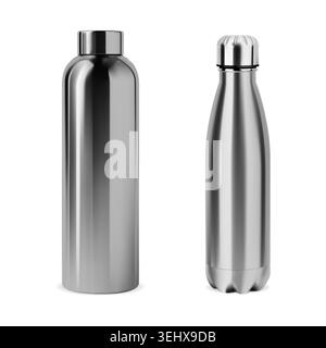 Two stainless steel insulated water bottles on white background. Left bottle has cylindrical shape with dark screw cap, right one features cola bottle Stock Vector