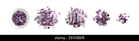 Amethyst group isolated. Purple quartz pebbles and crystal, polished violet stones, gemstones cabochons top view Stock Photo