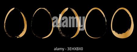 Collection of golden brush egg frames isolated on black background for luxury easter design. Elegant vector illustration set for greeting card, spring Stock Vector