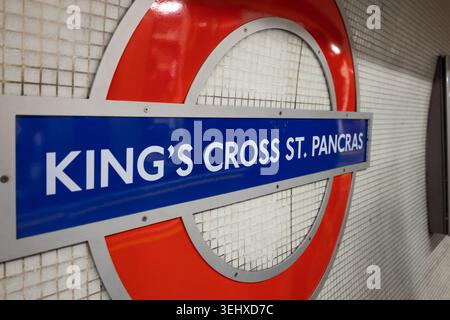 London Underground roundel sign at King's Cross St. Pancras station. London, UK, 26 December 2023 Stock Photo