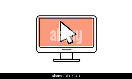 Desktop computer with mouse cursor icon: PC workstation with arrow pointer on screen, modern black line art with offset color fill vector. Stock Vector