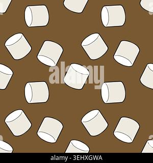 Seamless vector pattern of fluffy white marshmallows on a rich brown background, perfect for sweet confectionery designs. Stock Vector