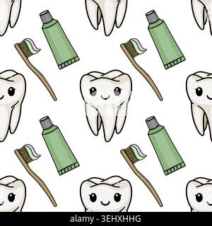 Cute kawaii tooth and toothpaste vector pattern illustration for dental hygiene Stock Vector