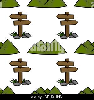 Seamless vector pattern of cartoon mountains and wooden signposts with grass and rocks Stock Vector