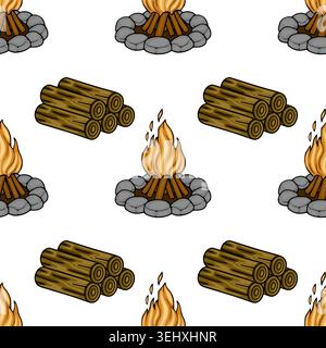 Seamless vector pattern of a campfire and stacked logs, perfect for outdoor themes Stock Vector