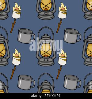 Seamless vector pattern of cartoon camping lanterns, marshmallows on sticks, and metal cups on a dark blue background. Stock Vector