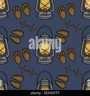 Seamless vector pattern of camping lanterns and animal footprints on a dark blue background Stock Vector
