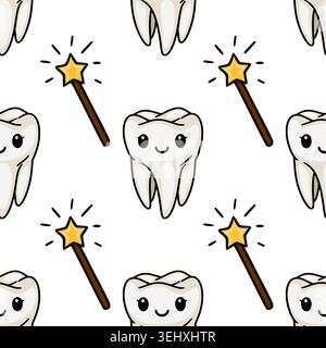 Cute smiling tooth character with magic wand seamless vector pattern Stock Vector