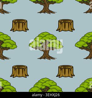 Seamless cartoon vector pattern of lush green trees and wooden stumps on a light blue background Stock Vector