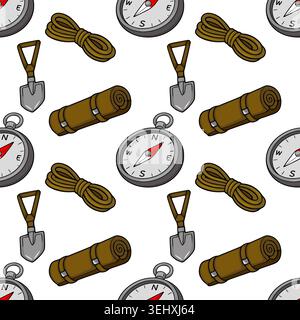 Seamless vector pattern of camping gear: compass, rolled sleeping bag, shovel, and rope Stock Vector