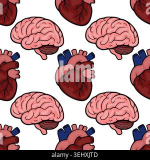 Seamless vector pattern of stylized human heart and brain illustrations on white background Stock Vector