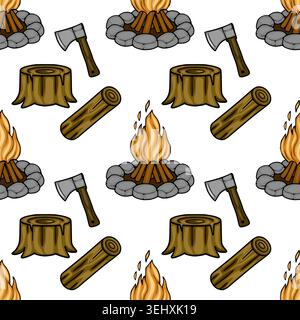 Seamless vector pattern of campfire, axe, log, and tree stump for outdoor adventure Stock Vector