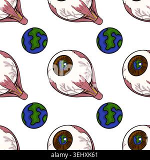 Seamless vector pattern of anatomical eyeballs with Earth as irises and detached planets Stock Vector
