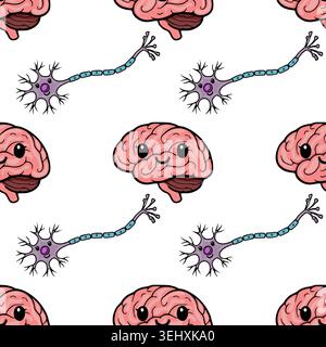 Cute cartoon brain and neuron seamless pattern vector illustration Stock Vector