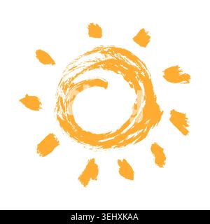 Summer grunge brush stroke sun vector element. Abstract orange paint spiral solar symbol with textured rays for tropical beach poster, seasonal cover Stock Vector