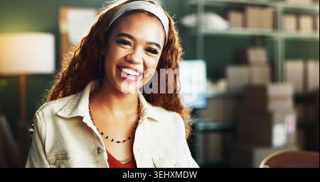 Portrait, shipping and woman laugh in office for small business, distribution startup and pride. Smile, confident person and logistics entrepreneur Stock Photo