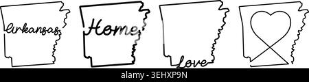Minimal Arkansas shape collection with handwritten state name, home typography, love text and heart design. Clean line art vector isolated. Stock Vector