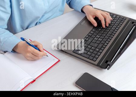 Professional woman writing notes while working on laptop in bright office environment, representing planning, organization and productive workflow Stock Photo