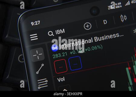 Dhaka, Bangladesh- 20 June 2025: IBM stock trading app showing chart and data on smartphone screen Stock Photo