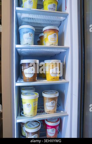 Different types of ice cream presented in cups on a cooling rack, Cafe Kuh, Deckenpfronn, Germany Stock Photo