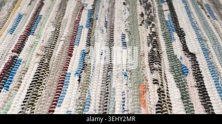 Rags Carpet Macro Detailed Texture, Woven Rug Pattern, Handmade Recycled Material Mat Background, Hand-Woven Rustic Carpet Made of Rags with Selective Stock Photo