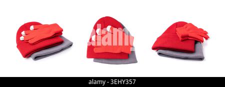 Winter hats isolated, knitted winter beanie set. Red and grey woolen hats, warm caps, knit hat collection on white background Stock Photo
