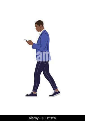 Black Man walks side view while checking phone Stock Vector
