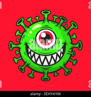 Funny Green Virus Monster in Cartoon Style Stock Vector