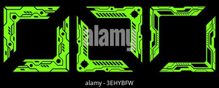Set of green futuristic cyberpunk square frames isolated on black background. Sci fi HUD interface borders with gaming overlay design, tech panel Stock Vector