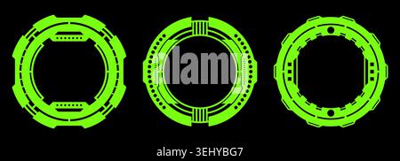 Set of green futuristic cyberpunk round frames isolated on black background. Sci fi HUD interface borders with gaming overlay design, tech panels Stock Vector