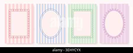 Set of whimsical pastel frames with striped backgrounds and decorative borders. Vector illustration Stock Vector