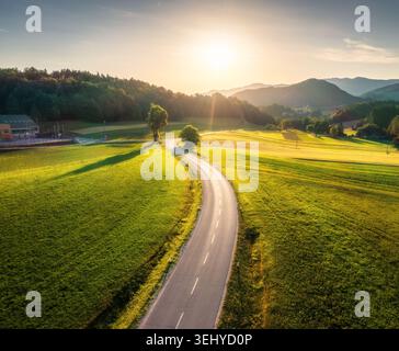 Aerial view of road in green meadows at sunset in summer Stock Photo