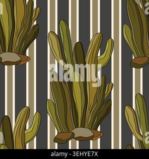 Seamless pattern with cacti, blooming succulent on color background. Vector hand drawn illustration for packaging, fabric, textile. Wild west cactus Stock Vector