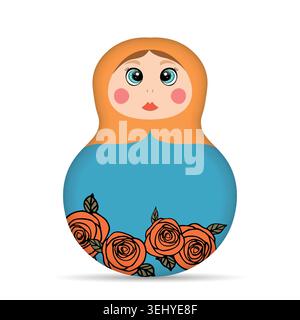 Russian Matryoshka. Traditional Russian folklore dolls with big eyes and lips. Babushka doll with hohloma, traditional painted floral pattern. Hand Stock Vector