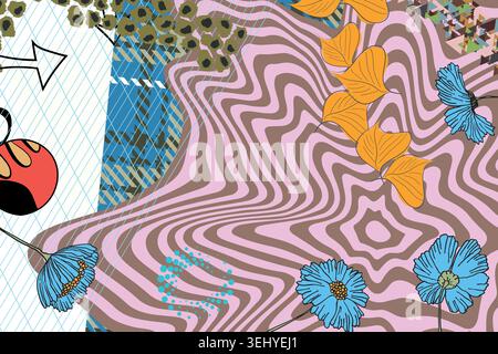 Abstract Y2K background in 2000s style. Collage of mismatched elemets with geometric shapes, stars, floral elements, grid paper. Dynamic effect grunge Stock Vector