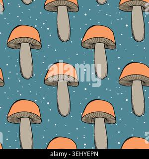 Seamless pattern with mushrooms. Hand drawn vector illustration. Vegan food menu. Poisonous and edible mushroom. Autumn mushroom picking, forest plant Stock Vector