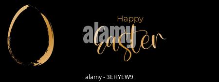 Wide easter greeting banner with golden egg brush frame and happy typography on black background. Luxury vector illustration template for catholic Stock Vector