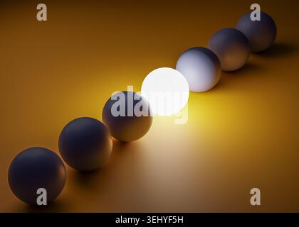 Close up 3d rendering of a bright glowing sphere in a diagonal row of dark matte balls symbol of independence and creative thinking Stock Photo