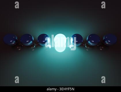 Abstract dark horizontal background with glowing cyan neon sphere standing out from a group of glossy blue balls with reflection Stock Photo
