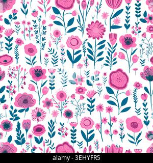 Seamless background with pink simple flowers. hand drawn. Not AI. Vector illustration Stock Vector