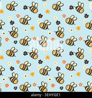 Seamless pattern with bees. Small wasp. Vector illustration. Design for invitation, cards, textile, fabric. Doodle style Stock Vector