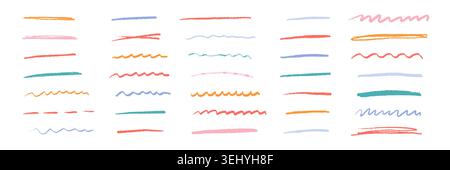 Line crayon underline for brush pencil stroke and pastel color emphasis. Paint chalk shape for pen doodle kid and strikethrough texture hand. Marker scribble watercolor for drawn scratch strip. Stock Vector