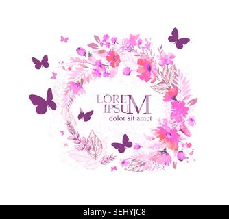Abstract round frame with pink flowers and butterflies . hand drawn. Not AI, Vector illustration Stock Vector
