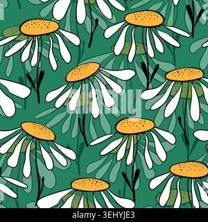 Seamless blooming floral pattern based on hand drawn art ornament. Colorful chamomile flowers, leaves, plants on color background. Vector illustration Stock Vector