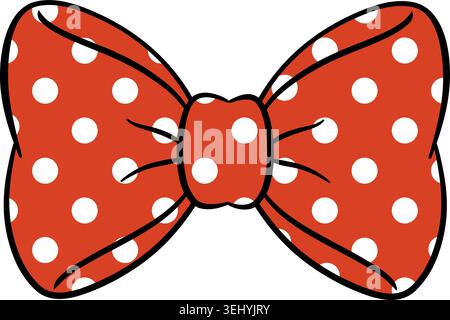 Cute red polka dot bow illustration with black outline, cartoon style isolated on light background. Hand-drawn decorative ribbon clipart Stock Vector