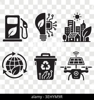 Green technology black solid glyph icons set with solar energy smart city ecotech drone and eco fuel Stock Vector