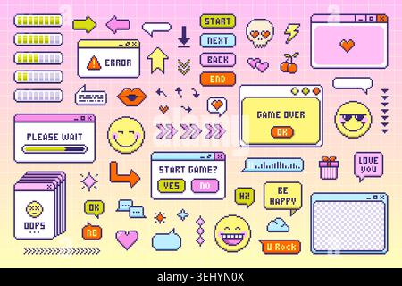 Collection of retro Pixel Art UI Elements. Vector. Stock Vector