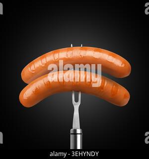 Delicious grilled meat sausages on fork against black gradient background Stock Photo