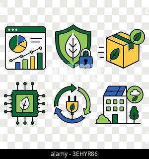 Eco technology linear colorful icons set with analytics cyber security box smart grid and green home Stock Vector