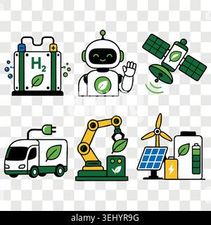 Green tech and hydrogen linear colorful icons set with fuel cell robot satellite car arm and solar panel Stock Vector